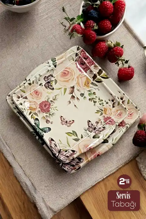 2li Kare Lüx Servis Sunum Kase Tabak Seramik Digital Baskılı Kahvaltı Tabağı Seti