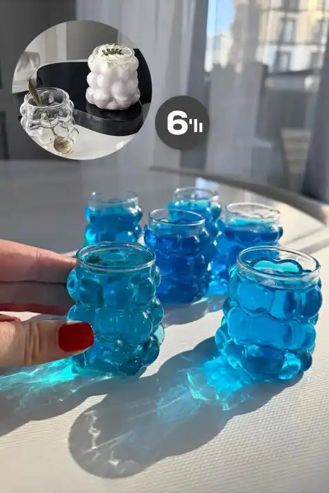 6lı Mini Boncuk Şekilli Bardak Kahve Sunum Bardağı Isıya Dayanıklı Üzüm Bardak 90 ml.