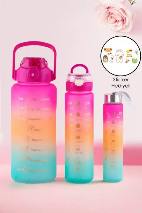 3lü Motivasyon Kokusuz Su Matarası Suluk Figürlü Spor Still Pipetli Taşınabilir Su Şişesi Seti