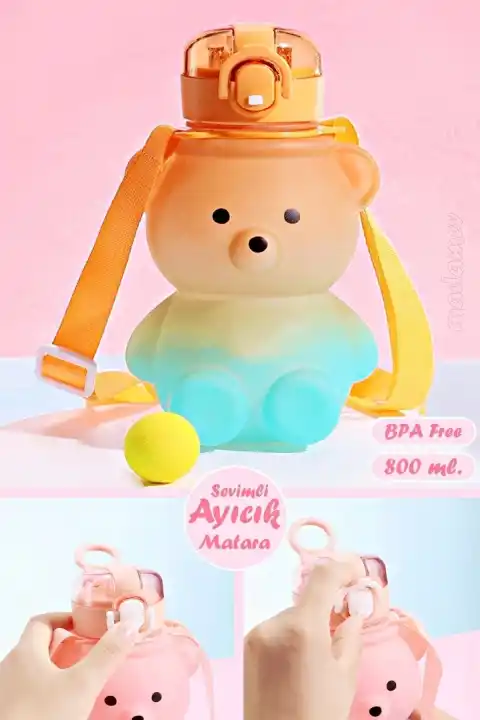 Smile Ayıcık Model Su Matarası 800 ml Askılı Çocuk Okul Su Şişesi Pipetli Sızdırmaz Kapak Suluk