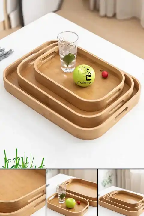 3lü Lüx Bambu Tepsi Seti Çay Tepsisi, Sunum Tepsisi, Kahve Sunum Tepsisi Oval Köşe Yemek Tepsi