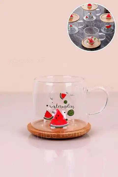 Bambu Kapaklı Karpuz Meyve Figürlü Cam Bardak Baskılı Meşrubat Kupası Termisil Çay Bardağı 280 ml.