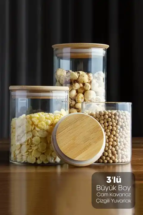 3lü Bambu Kapaklı Büyük Boy Cam Kavanoz Çizgili Yuvarlak Şeker Bakliyat Baharat Mutfak Saklama Kabı