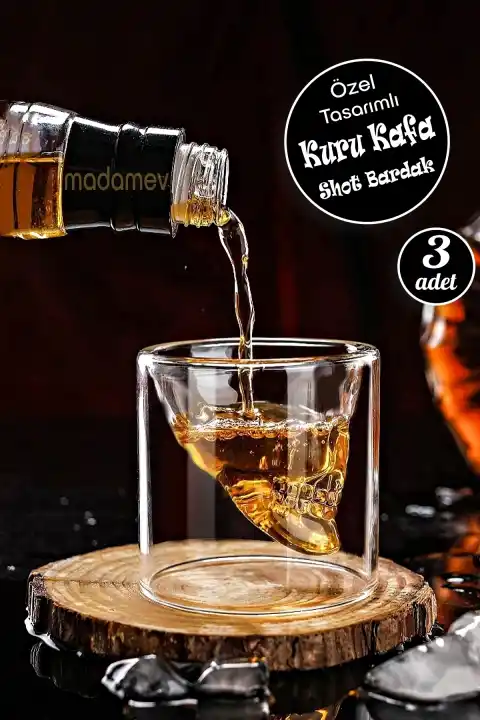 3lü Kuru Kafa Viski Shot Bardağı Çift Cidarlı Bardak Kristal Skull Tasarım Kokteyl Bardağı 100 ml.