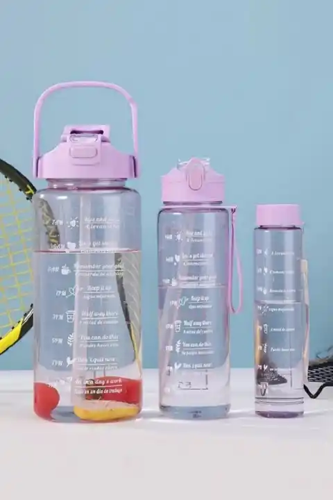 3lü Motivasyonel Su Matarası Sporcu Su Şişesi Suluk Stickerlı Pipetli Suluk 2000+900+500ml