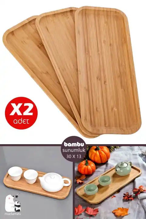 2 Adet Gourmet Kayık Bambu Kahvaltı Tabağı Pasta Servis Sunum Tepsi İkramlık Ahşap Tabak 30X13 Seti
