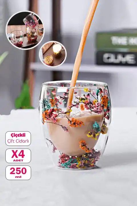 4lü Çift Cidarlı Çiçekli Bardak 250ml El Yapımı Flower Cup Borosilikat Çay Kahve Sunum Bardağı