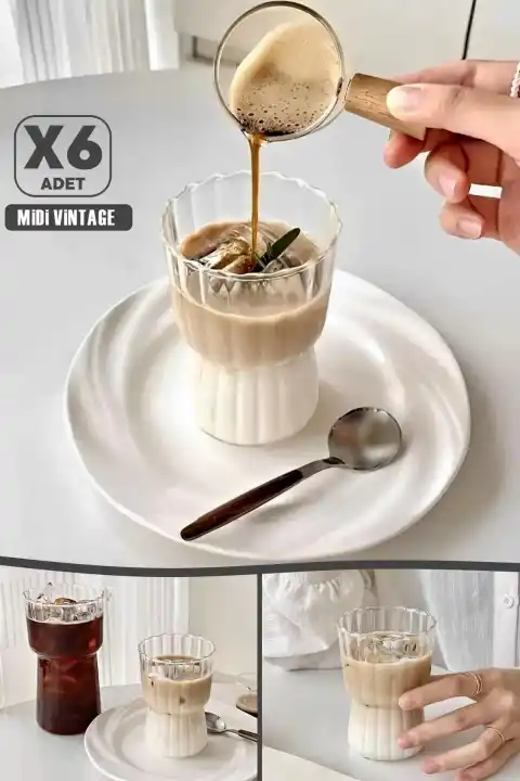 6lı İskandinav Still Midi Vintage Burgulu Tarz Bardak Kahve Sunum Isıya Dayanıklı Cam Bardağı 380ml