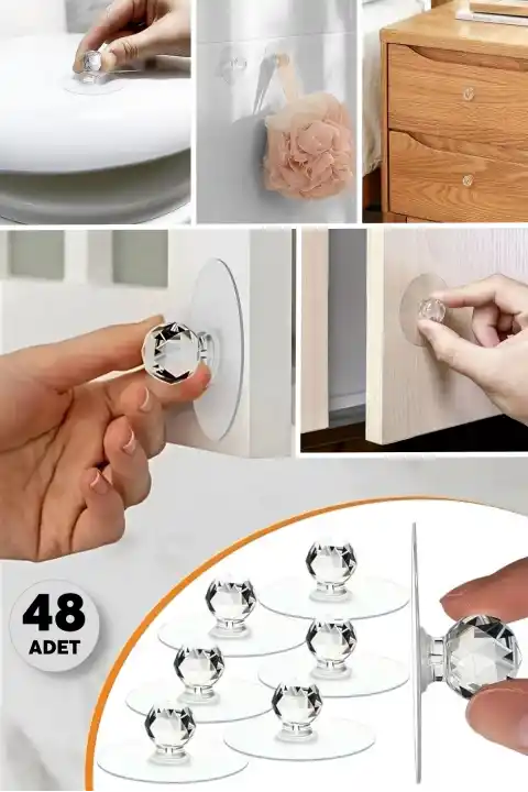 48lü Güçlü Yapışkanlı Kristal Başlıklı Dolap Çekmece Ayna Klozet Kapağı Tutma Kulpu Mutfak Askısı
