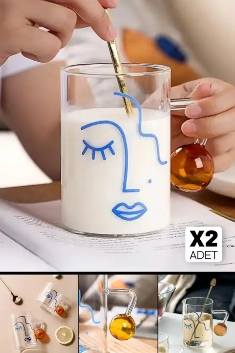 2li Boncuk Kulplu Kahve Sunum Abstract Bardağı 300ml Isıya Dayanıklı Yüz Figürlü Cam Kokteyl Bardak