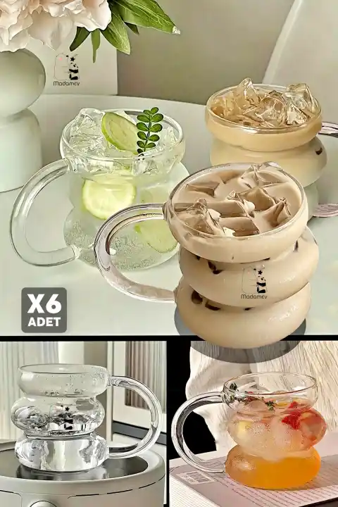 6lı Üç Büklüm Kulplu Dev Şeritli Cam Bardak Pipetli Meşrubat Kahve Sunum Kokteyl Bardağı 400ml Seti