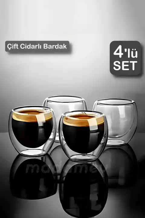4’lü Çift Cidarlı Bardak Isıya Dayanıklı Espresso Kahve Sunum Bardağı Viski Cam Kupa Bardağı 250ml