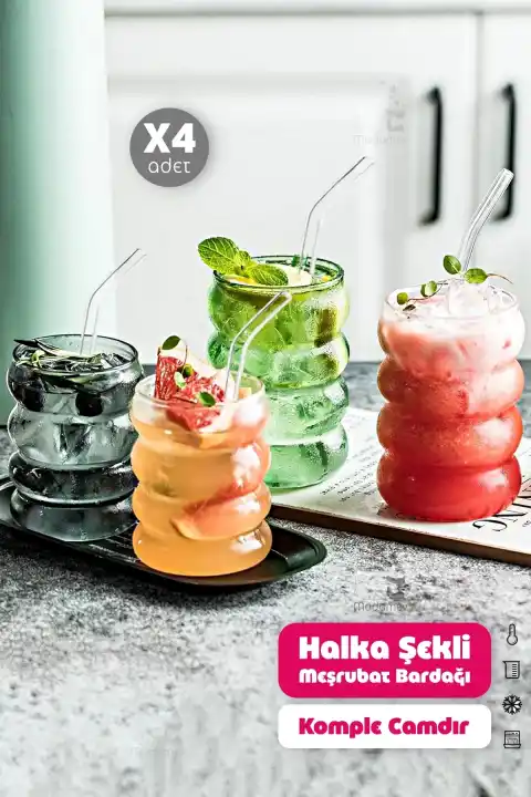 4lü Pipetli Halka Şekli Meşrubat Cam Bardak Seti İskandinav Kahve Latte Sunum Bardağı 340 ml.