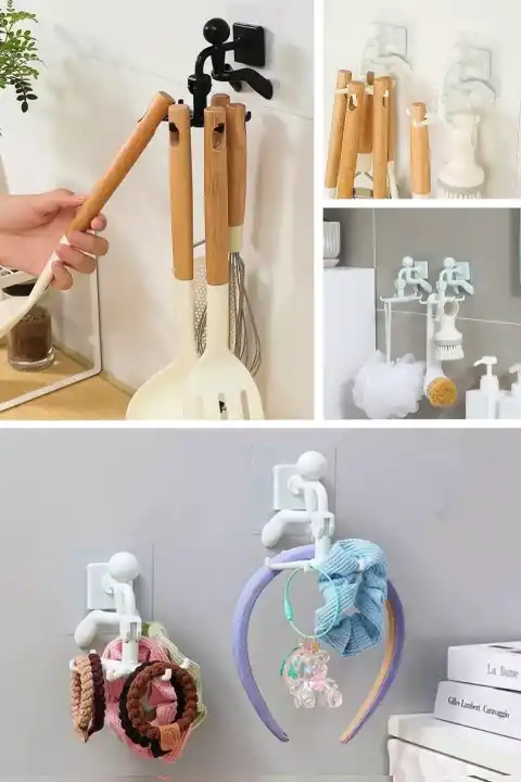 6 Kancalı Mutfak Banyo Rambo Figürlü Döner Başlı Askılık Kepçe Askılığı Yapışkanlı Organizer