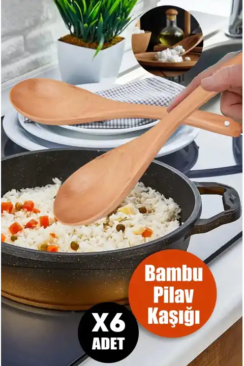 6lı Büyük Boy Lüx Bambu Pilav Kaşığı Ergonomik Askı Kancalı Mutfak Classic Ahşap Tahta Kaşık Seti