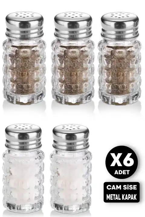6lı Cam Tuzluk Karabiberlik Baharatlık Lokanta Ev Ofis Metal Başlıklı Yuvarlak Still Tuzluk Seti
