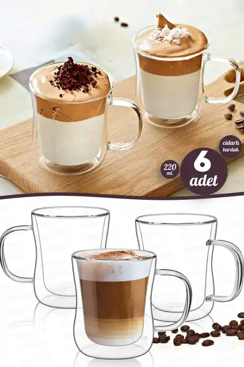 6lı Çift Cidarlı Bardak 220 ml Retro Çay Fincanı Kahve Sunum Bardağı Dayanıklı Cam Kupa Bardak