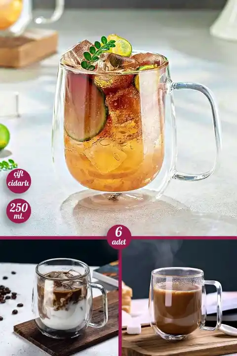 6lı Çift Cidarlı Bardak 250 ml Ev Ofis Çay Fincanı Kahve Sunum Bardağı Dayanıklı Kupa Cam Bardak