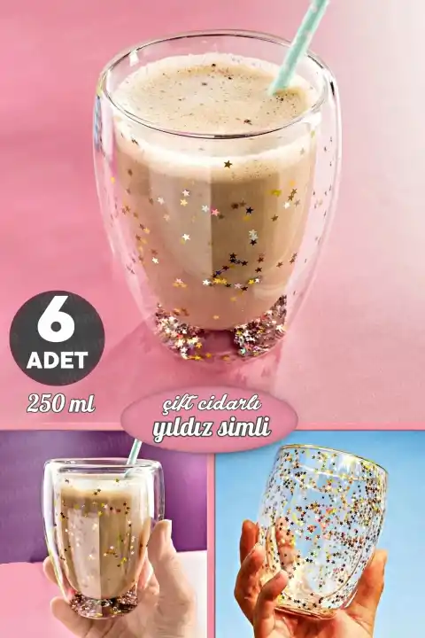 6lı Çift Cidarlı Bardak Yıldız Simli Kahve Sunum Kokteyl Bardağı Isıya Dayanıklı Borosilikat 250ml