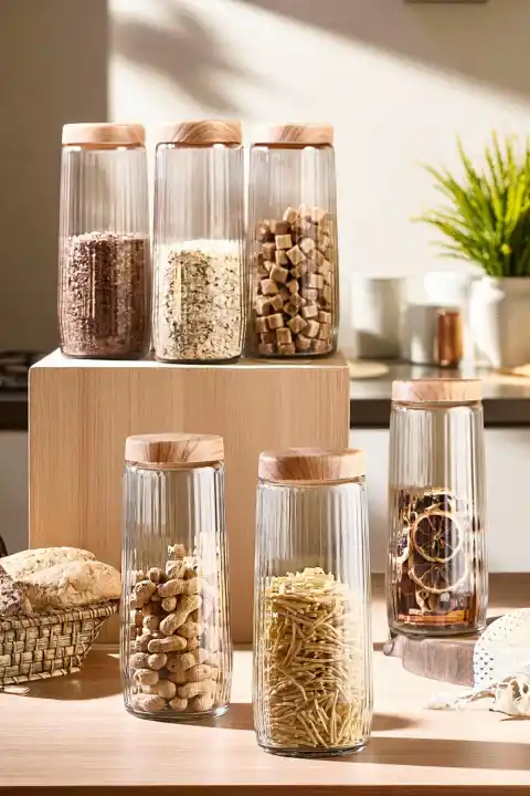 6lı Jumbo Boy Kapaklı Cam Erzak Kavanozu Saklama Kabı 1500 ml Mutfak Organizer Gıda Saklama Kutusu