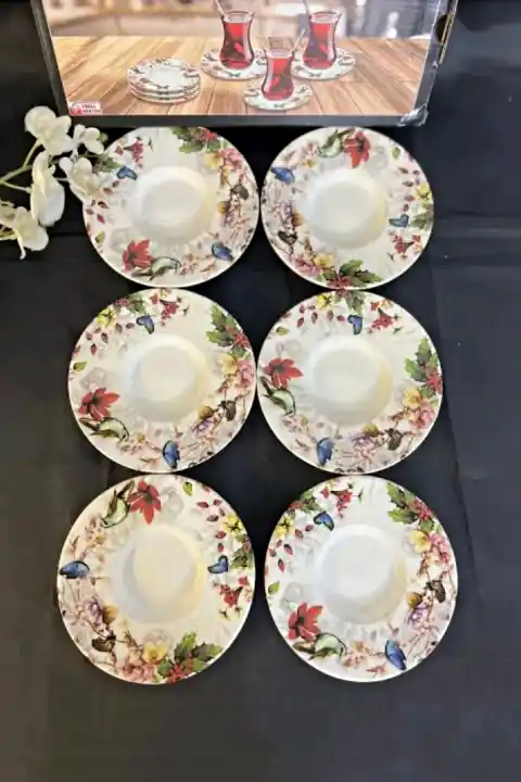 6Lı Lüx Digital Baskılı Çay Tabağı Seti Lüx Desenli Seramik Çay Tabağı