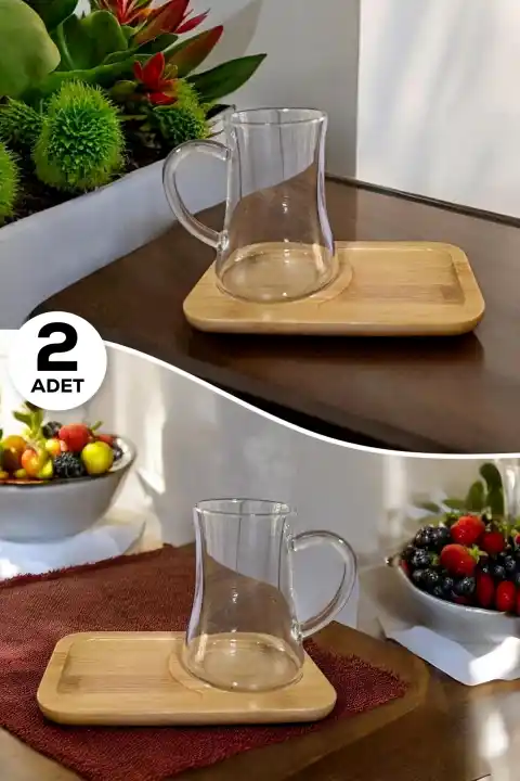 2li Bambu Kapaklı Morning Çay Bardağı Seti Kulplu Isıya Dayanıklı Keyfi-ala Cam Bardak 180 ml.