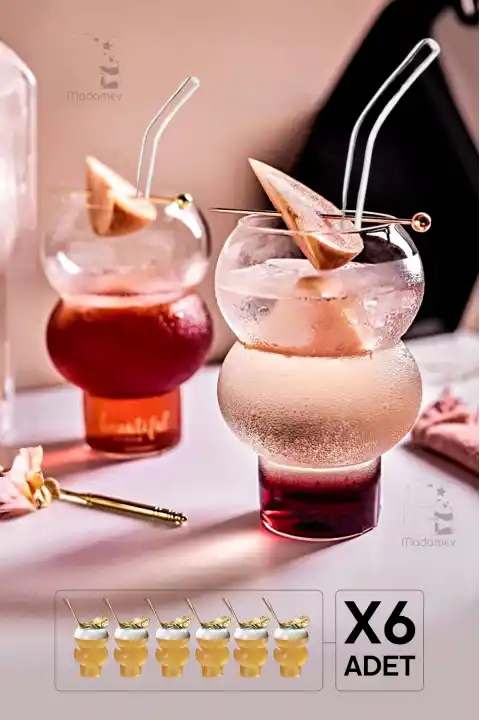 6lı Pipetli Dalgalı Külah Cam Bardak Seti Limonata Meşrubat Kokteyl Kahve Sunum Bardağı 400 ml.