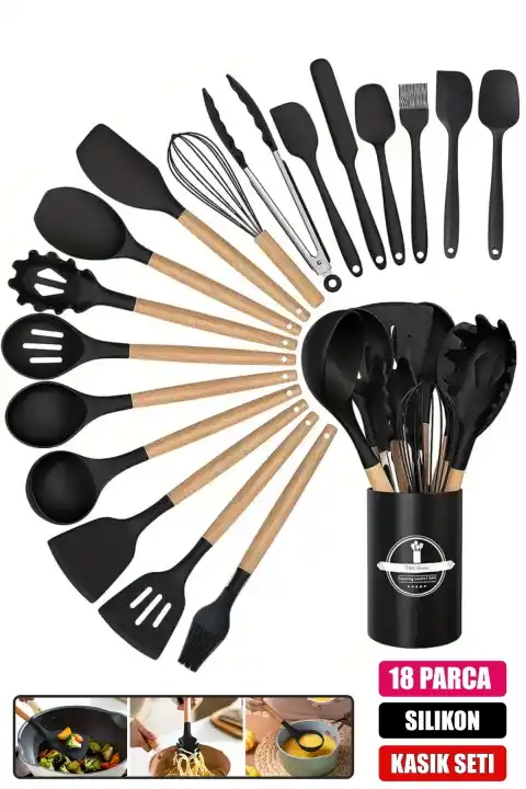 18Parça Silikon Kepçe Kevgir Kaşık Fırça Çırpıcı Spatula Maşa Servis Seti Bambu Saplı Mutfak Takımı
