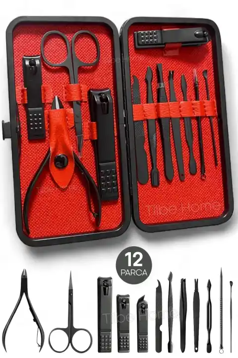 12 Parça Çantalı Manikür Pedikür Seti El Ayak Tırnak Bakım Seti Cımbız Makas Siyah Nokta Temizleme