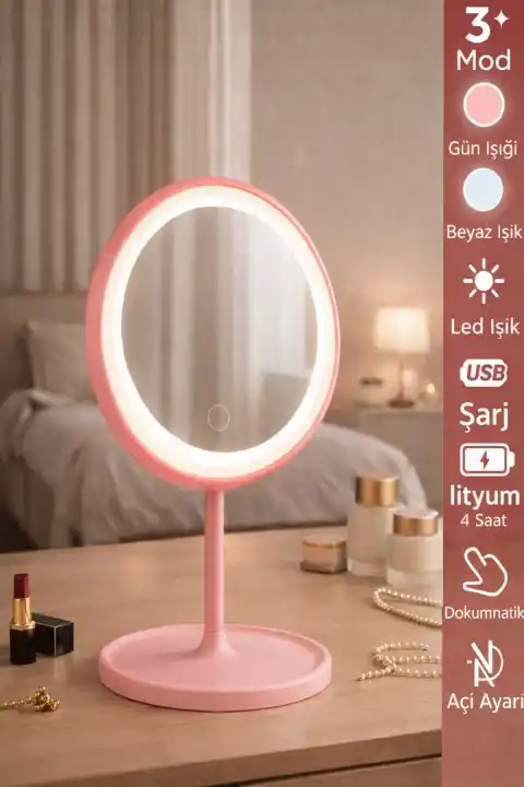 Oval Makyaj Aynası LED Işıklı Dokunmatik Şarjlı 3 Renkli Işıklı Still 90° Ayarlanabilir Pembe Ayna