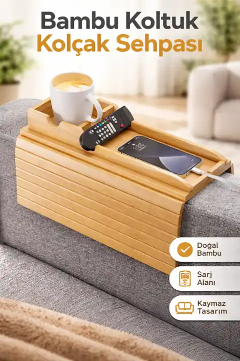 Koltuk Kenarı Bambu Katlanabilir Yan Sehpa Amerikan Servisi Kanepe Kenarı Portatif Koltuk Tepsisi