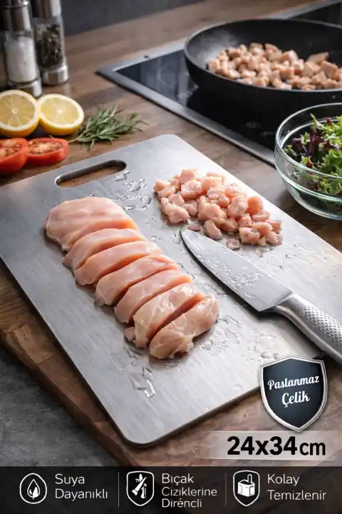 Büyük Boy Paslanmaz Çelik Kesme Panosu 23x34cm Suya Dayanıklı Tezgah Koruyucu Çelik Kesim Tahtası