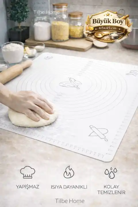 Silikon Hamur Matı Hamur Açma Pasta Fırın Altlığı Matı Ölçülü Hamur Yoğurma Beyaz Büyük Boy 65X45
