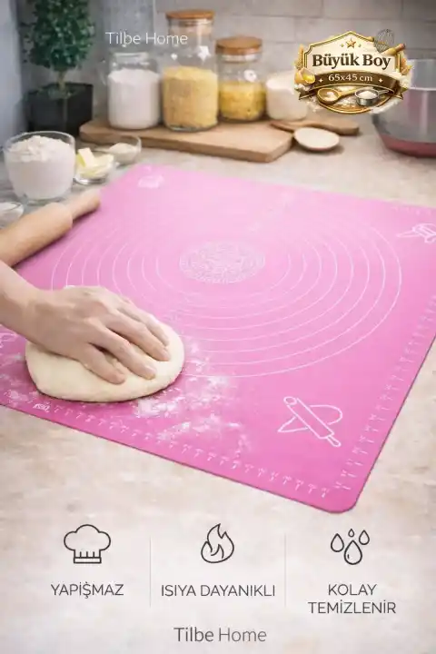 Silikon Hamur Matı Hamur Açma Pasta Fırın Altlığı Matı Ölçülü Hamur Yoğurma Pembe Büyük Boy 65X45