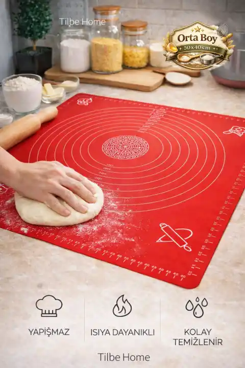 Silikon Hamur Matı Ölçülü Hamur Açma Yoğurma Matı Orta Boy Kırmızı 50 x 40 cm