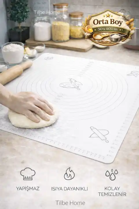 Silikon Hamur Matı Ölçülü Hamur Açma Yoğurma Matı Orta Boy Beyaz 50 x 40 cm