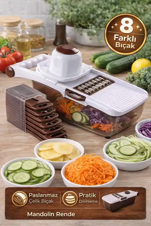Rende Dilimleyici Hazneli 8 Bıçaklı Sebze Patates Rendeleme Mandolin Doğrayıcı Lüx Dicer Rende Seti