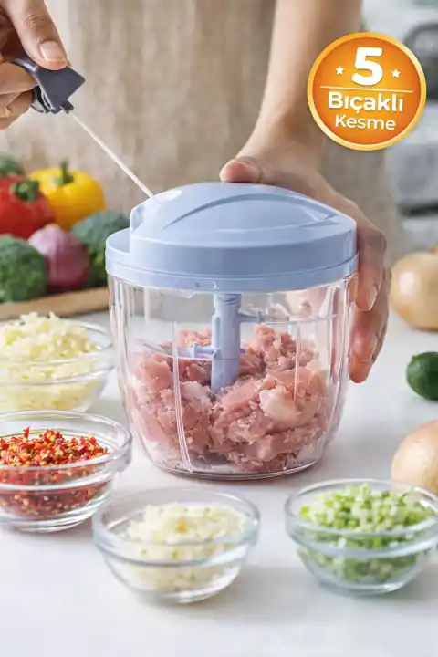 Pratik El Rondosu 5 Çelik Bıçaklı Büyük Boy Sebze Meyve Et Soğan Doğrayıcı Blender Rende Mavi