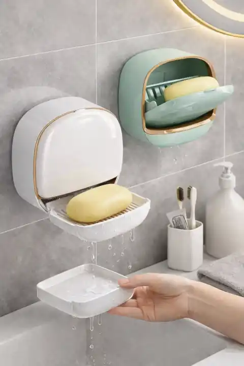 Yapışkanlı Modern Sabunluk Kapaklı Kendinden Boşaltmalı Su Tutmaz Katı Sabunluk