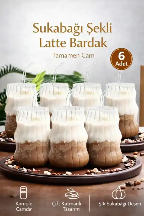 6lı Sukabağı Latte Cam Pipetli Bardak Seti İskandinav Burgu Tarz Kahve Kokteyl Sunum Bardağı 400ml