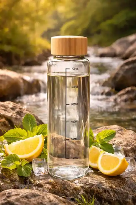 Bambu Kapaklı Cam Matara Sporcu Suluğu Taşınabilir Su Şişesi 700 ml Vakumlu Suluk