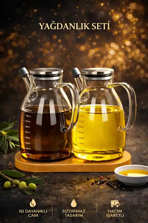 2li Ahşap Standlı 1000ml Zeytinyağı Sıvıyağ Şişesi Borosilikat Cam Çelik Kapaklı Yağlık Yağdanlık
