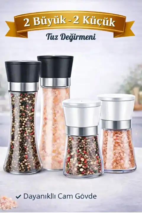 4lü Karabiber Tuz Değirmeni 5 Kademeli Baharat Öğütücü Büyük + Küçük Boy Tuzluk Seti