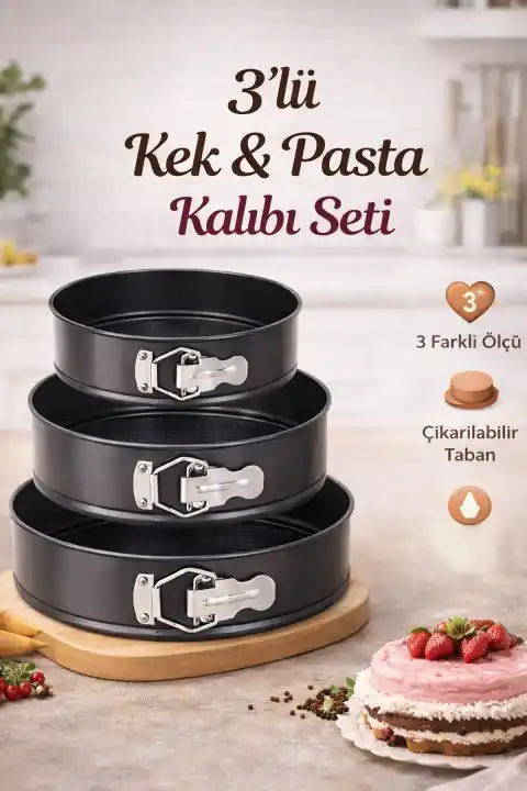 3’lü Kelepçeli Kek Kalıbı Seti – Çıkarılabilir Tabanlı, Yapışmaz Kaplama, Dayanıklı