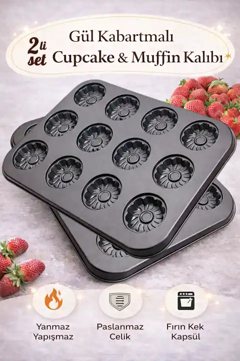 2 Adet 12li Cupcake Muffin Kalıbı Gül Kabartmalı Yanmaz Yapışmaz Fırın Kek Kapsülü Çelik Siyah