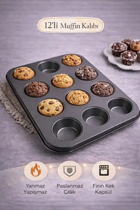 Cupcake Muffin Kalıbı 12li Kek Yanmaz Kurabiye Kalıbı Fırın Çörek Kapsül Tepsisi Paslanmaz Siyah