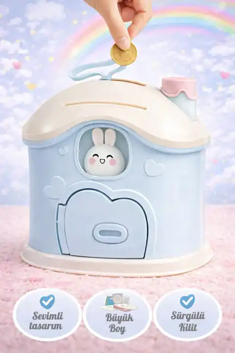 Büyük Boy Kawai Ev Tasarımlı Kilitli Çocuk Kumbarası Sevimli Bacalı Ev Kumbara Sticker Hediye Mavi