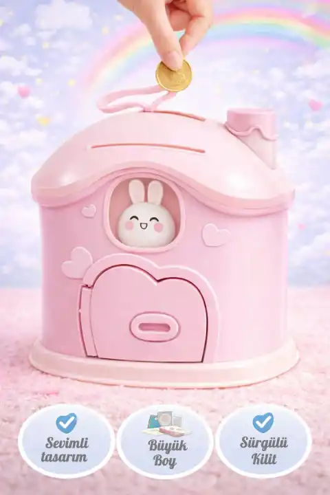 Büyük Boy Kawai Ev Tasarımlı Kilitli Çocuk Kumbarası Sevimli Bacalı Ev Kumbara Sticker Hediye Pembe