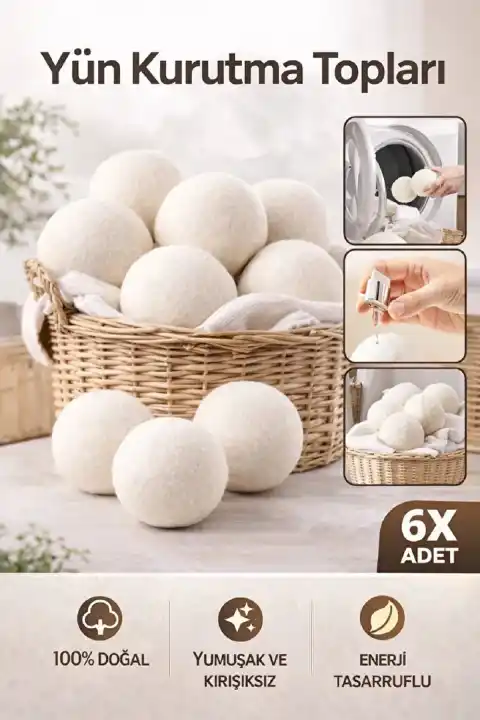 6 Adet Çamaşır Yün Kurutma Topu XXL Büyük Boy Doğal Yumuşatıcı Çamaşır Kurutma Makinesi Topları