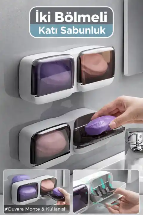 2 Bölmeli Su Tutmaz Sabunluk Yapışkanlı Duvara Monte Şeffaf Kapaklı Mutfak Banyo Organizeri